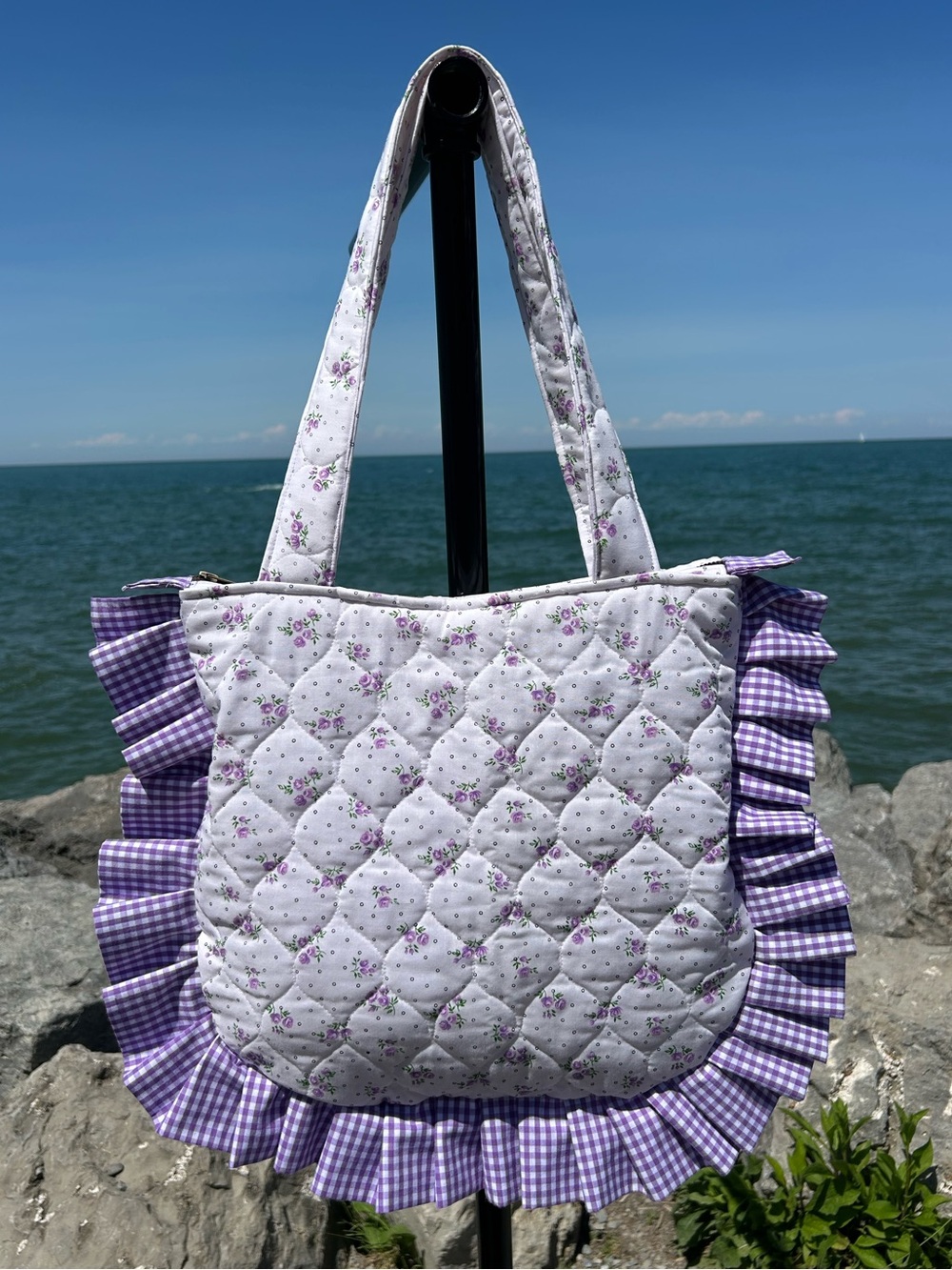 Quilted Floral Tote Bag with Purple Gingham Ruffle